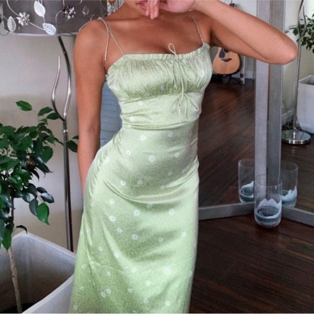For Love & Lemons Robin Satin Cheetah Midi Dress in Mint Green Size 8/10 - Picture 3 of 16